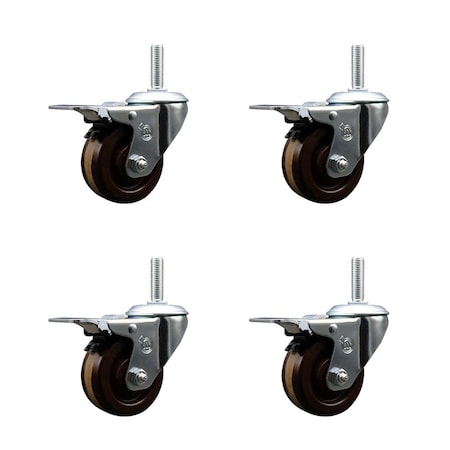 Service Caster 3 Inch High Temp Phenolic 58 Inch Stem Caster Set with Total Lock Brake SCC-TSTTL20S314-PHSHT-58212-4